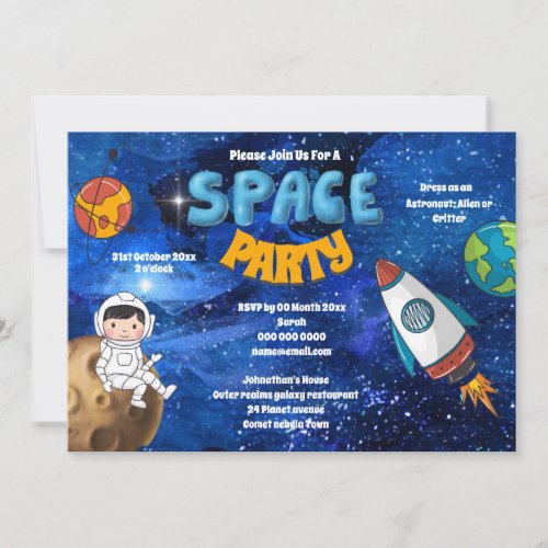 Cute astronaut in space with rocket ship planets invitation