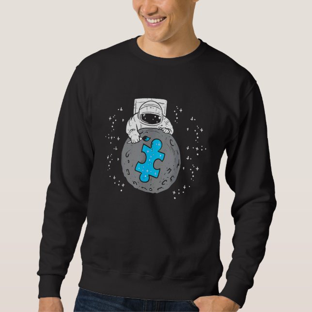 Cute Astronaut Moon Blue Puzzle Piece Autism Aware Sweatshirt (Front)