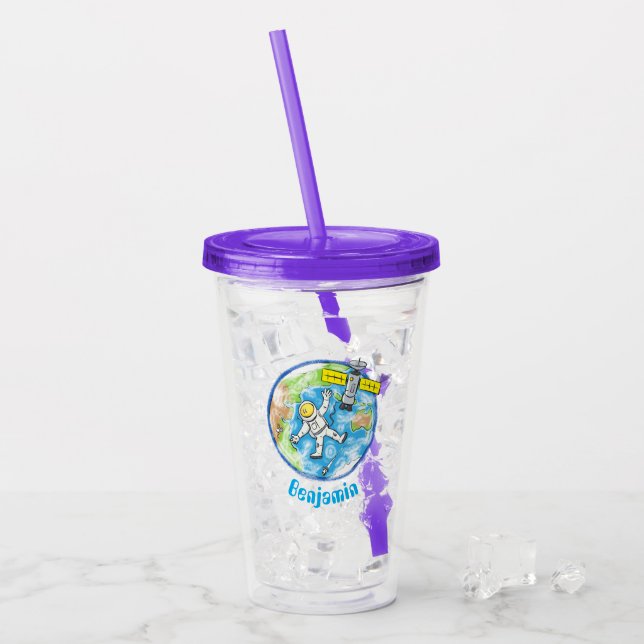 Cute astronaut outer space earth cartoon acrylic tumbler (Front Ice)