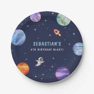 Cute Astronaut Planets Birthday Party Watercolor Paper Plates