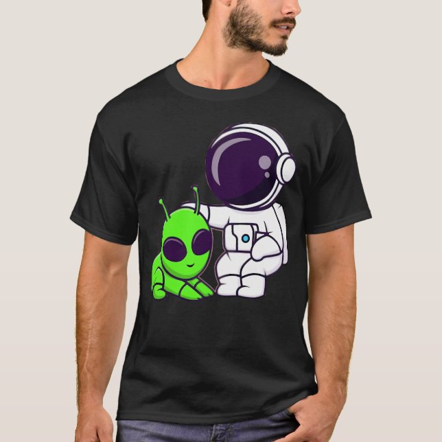 Cute Astronaut Playing With A Alien Cartoon T-Shirt (Front)