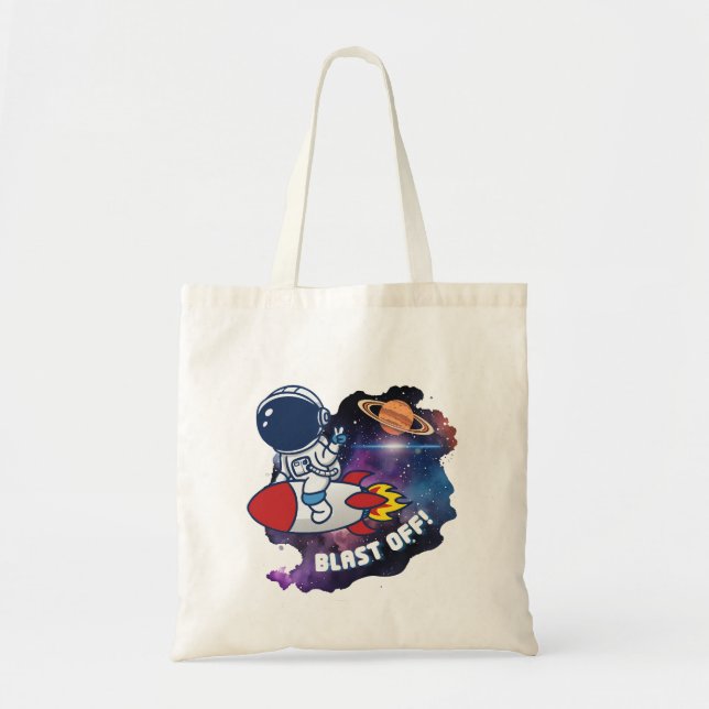 Cute Astronaut Riding Rocket Blast Off Space Tote  Bag (Front)