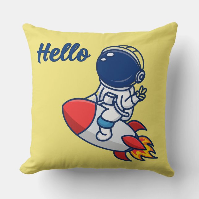 Cute Astronaut Riding Rocket "Hello" Throw Pillow (Front)