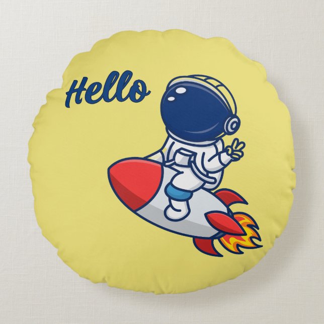 Cute Astronaut Riding Rocket "Hello" Throw Pillow (Front)