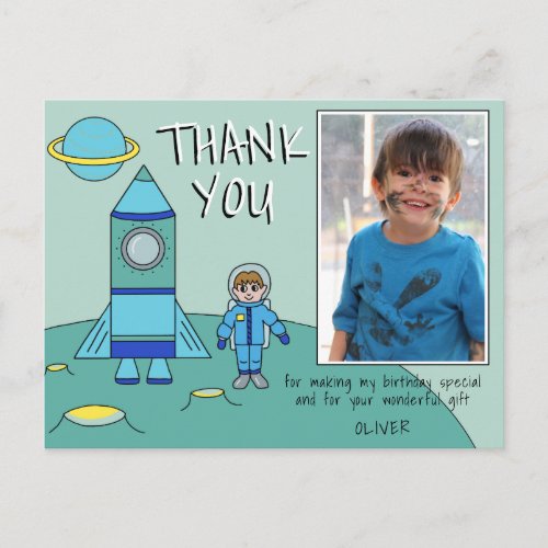 Cute Astronaut Rocket Boy Thank you Birthday Photo Postcard