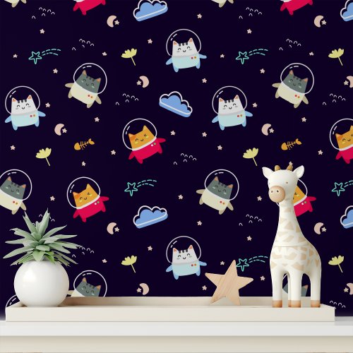 Cute Astronaut Space Cat Modern Kids Pattern Wallpaper