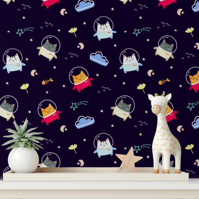 Cute Astronaut Space Cat Modern Kids Pattern Wallpaper (Creator Uploaded)