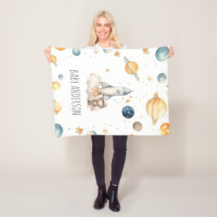 Cute Astronaut Space Monogram Boys Fleece Blanket