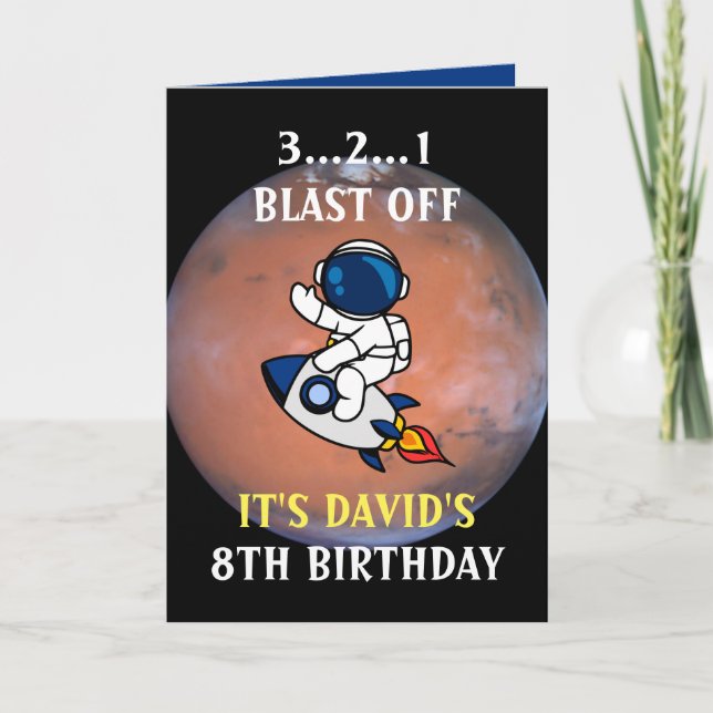 Cute Astronaut Space Rocket Mars Blue 8th Birthday Card (Front)