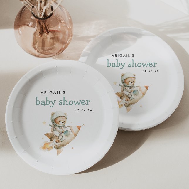 Cute Astronaut Teddy Bear Baby Shower Paper Plates (Creator Uploaded)