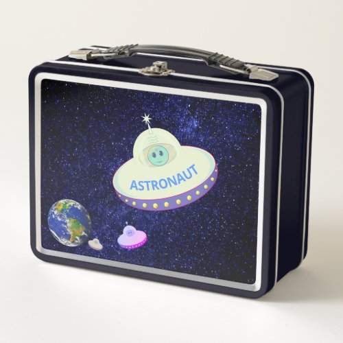 Cute Astronaut with a Flying Saucer on the Galaxy Metal Lunch Box