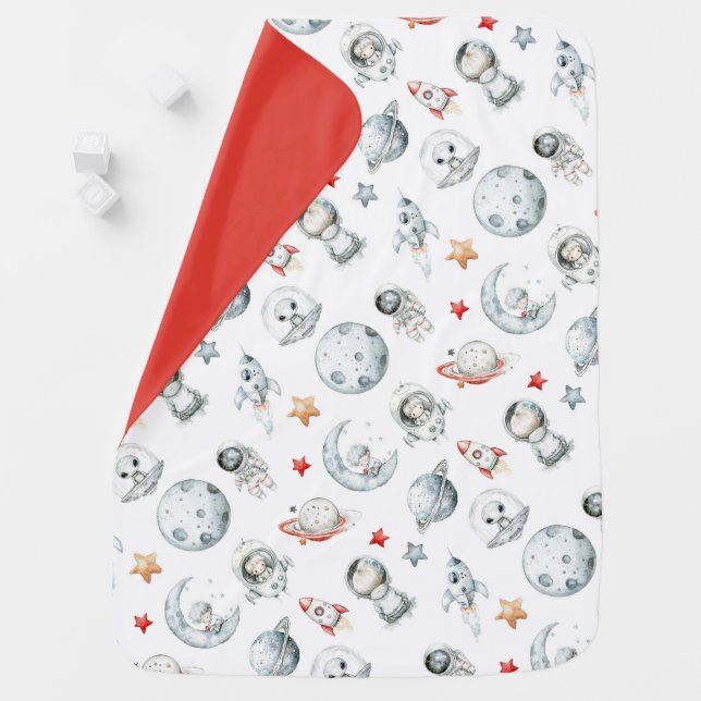 Cute Astronauts, Aliens and Rockets Baby Blanket (In Situ)