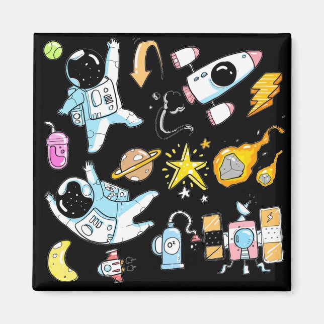 Cute Astronauts in Space Doodles Kids Magnet (Front)