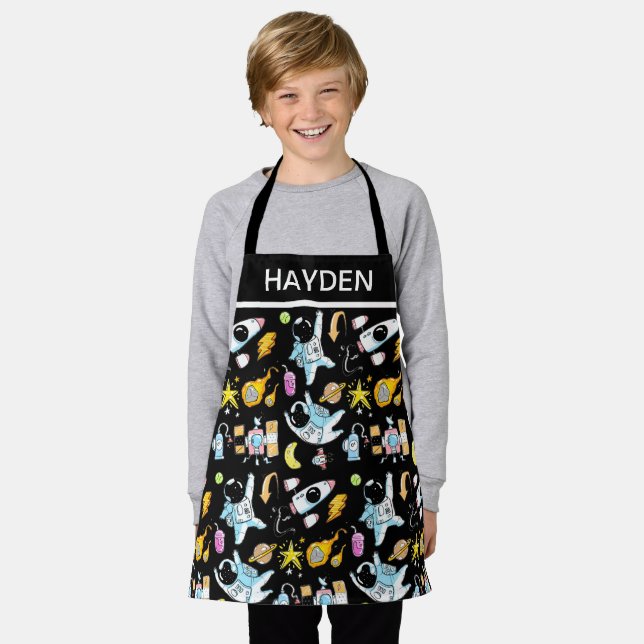 Cute Astronauts in Space Doodles Kids Personalised Apron (Worn)
