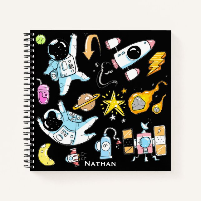 Cute Astronauts in Space Doodles Personalised Kids Notebook (Front)