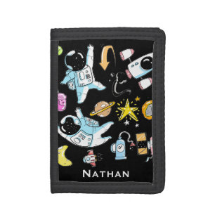 Cute Astronauts in Space Doodles Personalised Kids Trifold Wallet