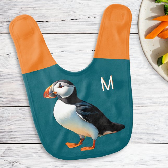 Cute Atlantic Puffin Wildlife Sea Bird Monogram Baby Bib (A monogrammed baby bib in ocean blue and orange, with Atlantic puffin picture)