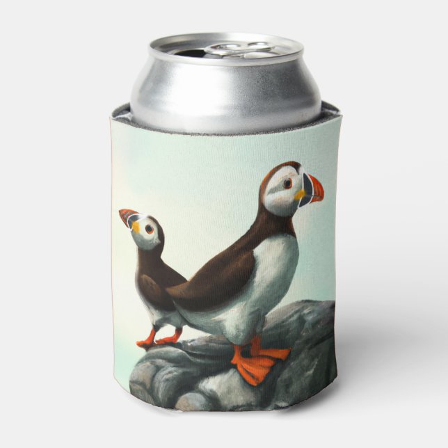 Cute Atlantic Puffins Seabirds on the Rocks Can Cooler (Can Front)