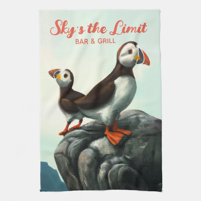 Cute Atlantic Puffins Seabirds on the Rocks Kitchen Towel (Vertical)