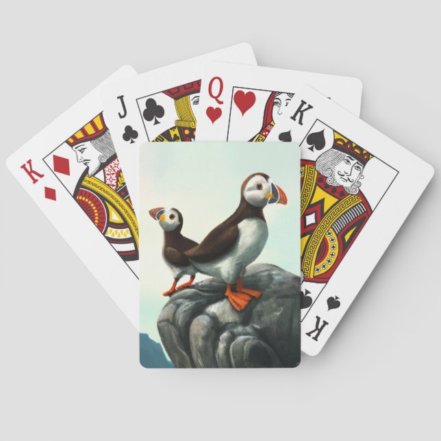 Cute Atlantic Puffins Seabirds on the Rocks Poker Cards (Back)