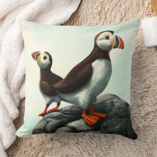 Cute Atlantic Puffins Seabirds on the Rocks Throw Pillow