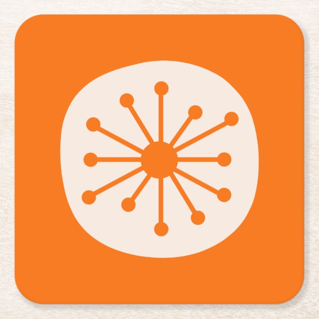 Cute Atomic Age Mid Century Atomic Dot Orange Square Paper Coaster (Front)