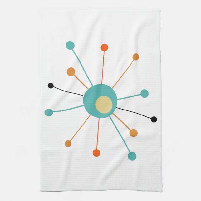 Cute Atomic Star Retro Turquoise Orange Midcentury Kitchen Towel (Vertical)