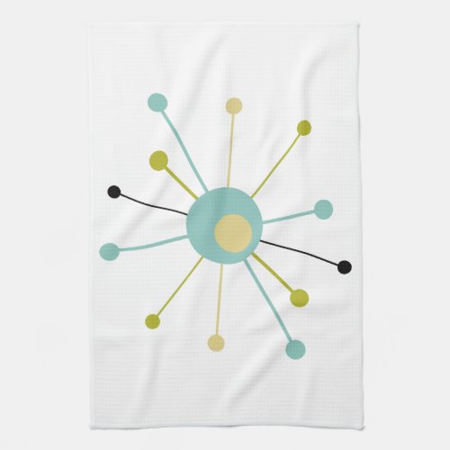 Cute Atomic Star Retro Turquoise Yellow Midcentury Kitchen Towel