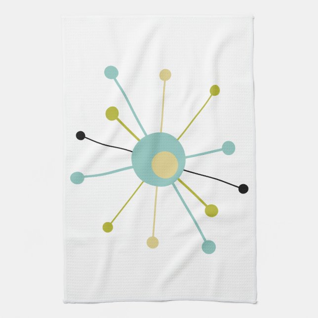 Cute Atomic Star Retro Turquoise Yellow Midcentury Kitchen Towel (Vertical)