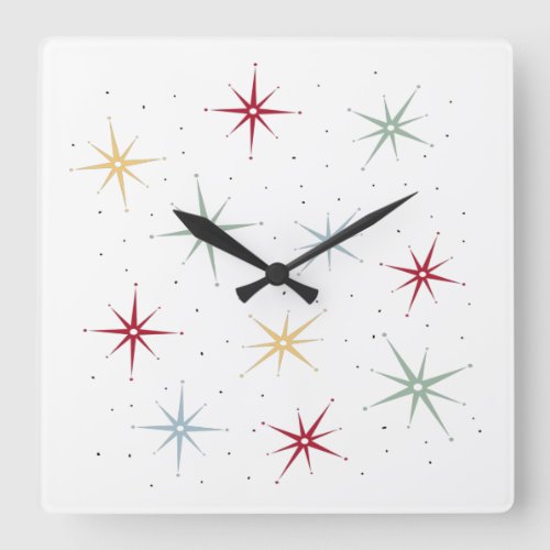 Cute Atomic Starburst Mid Century Pattern Square Wall Clock