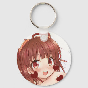 Cute auburn haired anime girl rose gold eyes heart keychain