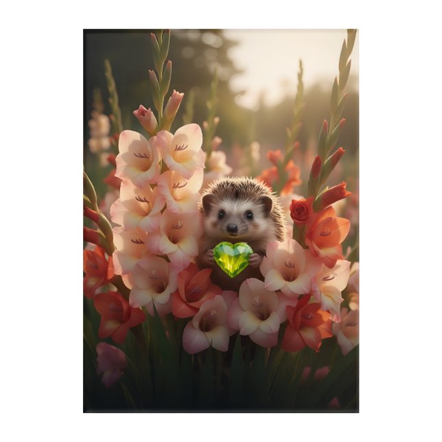 Cute August Hedgehog with Peridot Heart Acrylic Print (Front)