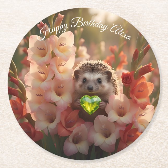Cute August Hedgehog with Peridot Heart Round Paper Coaster (Front)
