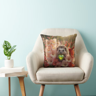 Cute August Hedgehog with Peridot Heart Throw Pillow