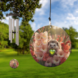 Cute August Hedgehog with Peridot Heart Wind Chime