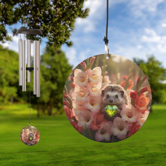 Cute August Hedgehog with Peridot Heart Wind Chime (Outdoor)