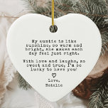 Cute Aunt Gift From Niece Nephew Auntie Christmas Ceramic Ornament<br><div class="desc">Celebrate the special bond between an aunt and her niece or nephew with the Cute Aunt Gift From Niece Nephew Auntie Christmas Ceramic Ornament. This charming ornament features a vintage typewriter typeface, adding a nostalgic and heartfelt touch to your gift. Shaped like a heart, it serves as a beautiful keepsake...</div>