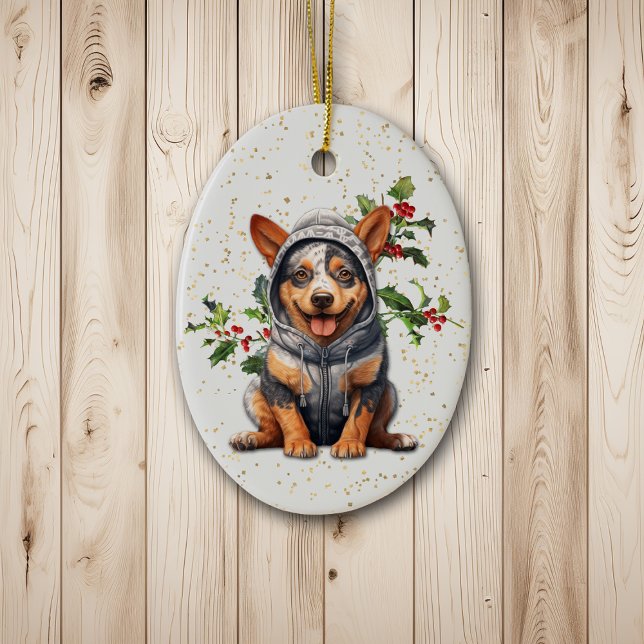 Cute Aussie Cattle Dog Christmas Holly Ceramic Ornament (Creator Uploaded)