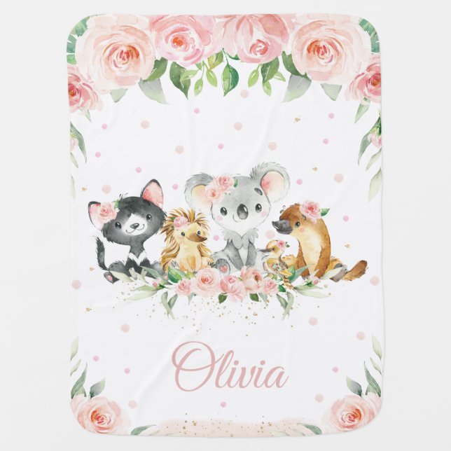 Cute Australian Animals Blush Pink Floral Soft   Baby Blanket (Front)