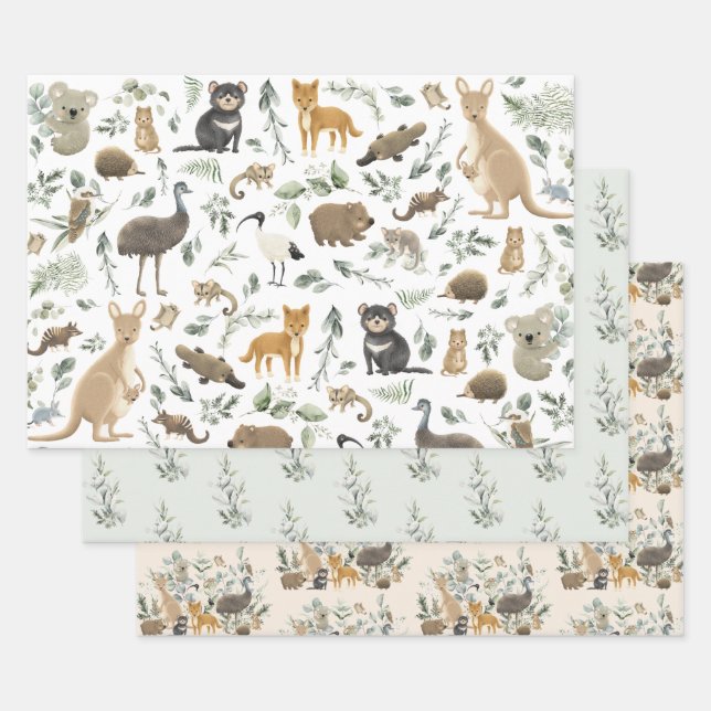 Cute Australian Animals Greenery Birthday Baby Boy Wrapping Paper Sheets (Set)