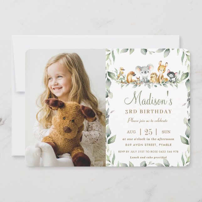 Cute Australian Animals Greenery Birthday Photo  Invitation (Front)
