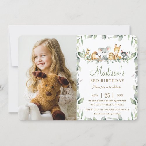 Cute Australian Animals Greenery Birthday Photo  Invitation