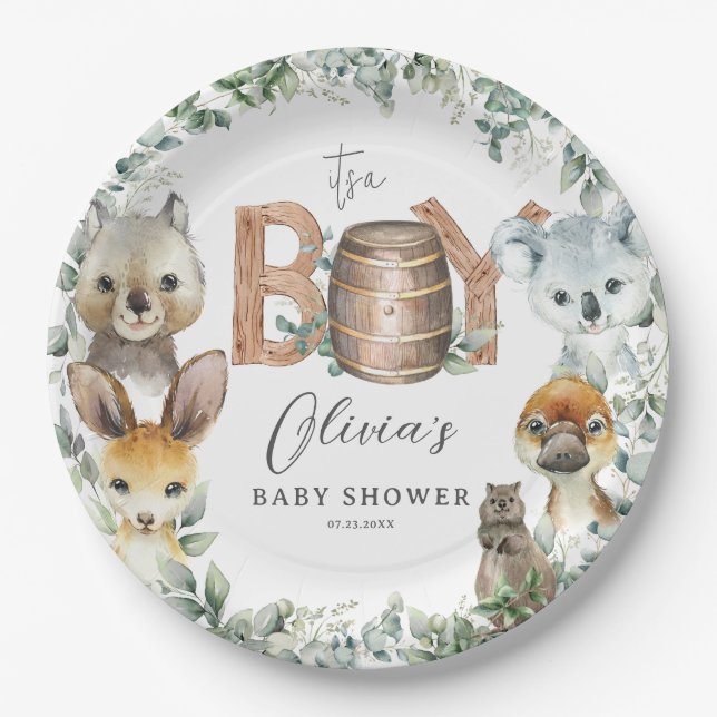Cute Australian Animals Greenery Boy Baby Shower  Paper Plates (Front)