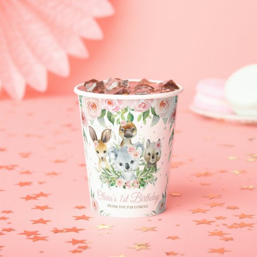 Cute Australian Animals Pink Floral 1st Birthday  Paper Cups