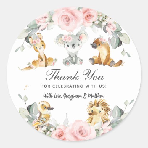 Cute Australian Animals Pink Floral Greenery Classic Round Sticker