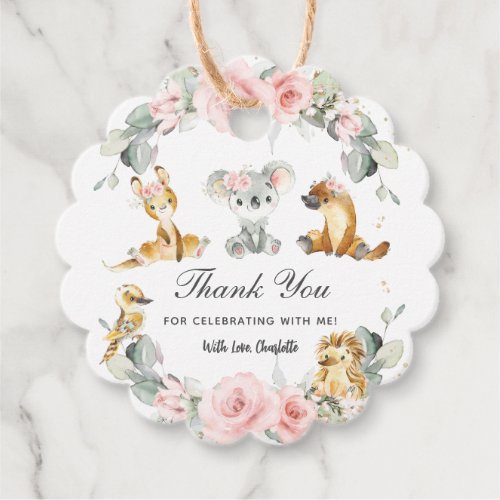 Cute Australian Animals Pink Floral Greenery Favor Tags