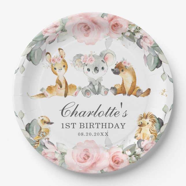 Cute Australian Animals Pink Floral Greenery Paper Plates (Front)