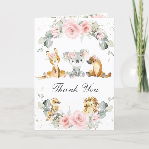 Cute Australian Animals Pink Floral Greenery Thank You Card