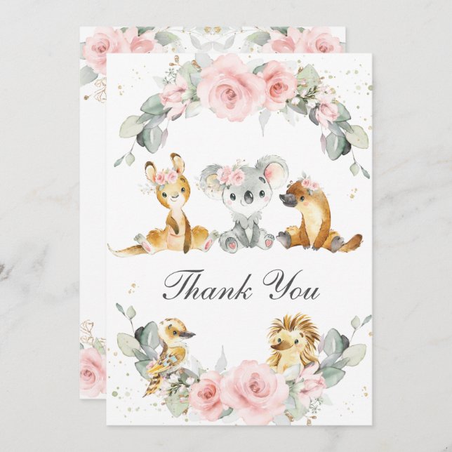 Cute Australian Animals Pink Floral Greenery Thank You Card (Front/Back)