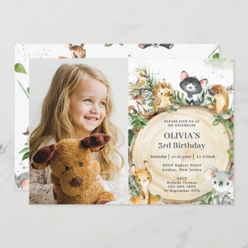 Cute Australian Animals Rustic Wood Birthday Photo Invitation